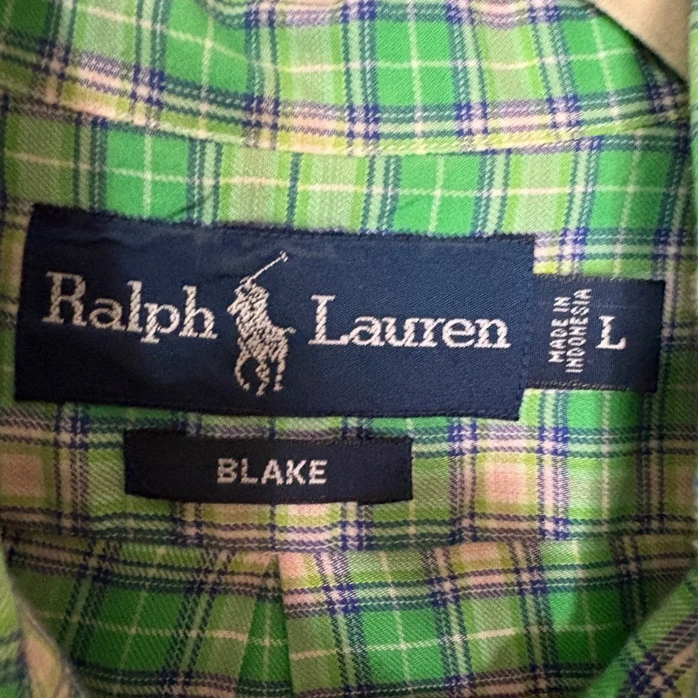 Ralph Lauren Mens Large Blake Button Down Shirt Green Plaid Long Sleeve Preppy